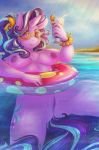  2018 absurd_res areola breasts cutie_mark digital_media_(artwork) dimwitdog equine eyewear female friendship_is_magic hair hi_res holding_object horn mammal my_little_pony nipples outside partially_submerged pussy signature solo starlight_glimmer_(mlp) straw swim_ring unicorn water 