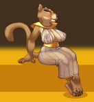  2018 4_fingers 4_toes anthro areola big_breasts blue_eyes breasts brown_fur clothing countershading dress erect_nipples eyelashes eyeshadow feline fur half-closed_eyes hi_res lion makeup mammal nipple_bulge nipples simple_background siroc sitting solo toes translucent yellow_sclera 