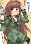  alternate_costume antenna_hair blouse blush brown_eyes brown_hair cannon commentary_request cosplay gaoo_(frpjx283) green_blouse green_neckwear green_sailor_collar green_skirt gun highres kantai_collection kuma_(kantai_collection) long_hair long_sleeves neckerchief ooi_(kantai_collection) ooi_(kantai_collection)_(cosplay) open_mouth sailor_collar school_uniform serafuku shirt skirt weapon 