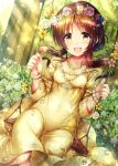  :d blush bracelet breasts brown_eyes brown_hair covered_navel dress dutch_angle eyebrows_visible_through_hair floating_hair flower forest head_tilt head_wreath highres idolmaster idolmaster_cinderella_girls jewelry long_dress long_hair looking_at_viewer ment nature necklace open_mouth outdoors pink_flower pink_rose rose shiny shiny_hair sitting small_breasts smile solo sundress sunlight takamori_aiko twintails white_flower white_rose yellow_dress yellow_flower yellow_rose 