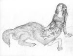  anthro arania butt butt_grab canine claws clothing female hand_on_butt human licking male mammal nipple_bulge open_mouth pointy_ears sketch skirt smile spread_legs spreading tongue tongue_out transformation were werewolf wolf 