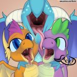  2018 ambiguous_gender blue_eyes dragon ember_(mlp) female female/ambiguous friendship_is_magic green_eyes group hi_res horn looking_at_viewer male male/ambiguous mouth_shot my_little_pony one_eye_closed open_mouth rna scalie simple_background smolder_(mlp) spike_(mlp) text tongue tongue_out wings 