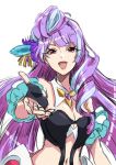  :d black_gloves blue_hair breasts choker cleavage detached_sleeves fingerless_gloves floating_hair gloves hair_ornament long_hair looking_at_viewer macross macross_delta medium_breasts mikumo_guynemer multicolored_hair navel open_mouth outstretched_arm purple_hair red_eyes shiny shiny_hair sketch smile solo stomach tsukikage_oyama two-tone_hair upper_body very_long_hair white_background 