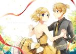  1girl black_dress black_pants black_shirt blonde_hair blue_eyes brother_and_sister dress eyebrows_visible_through_hair floating_hair flower hair_between_eyes hair_flower hair_ornament highres holding_hands interlocked_fingers kagamine_len kagamine_rin kaname_monika looking_at_viewer necktie pants petals red_ribbon ribbon rose shiny shiny_hair shirt short_ponytail siblings sleeveless sleeveless_dress smile strapless strapless_dress vocaloid yellow_dress yellow_flower yellow_neckwear yellow_rose 