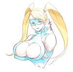  bare_shoulders blonde_hair blue_eyes blue_gloves breasts commentary_request crossed_arms domino_mask elbow_gloves gloves large_breasts light_smile long_hair looking_at_viewer mask rainbow_mika signature simple_background smile solo street_fighter tsukimoto_aoi twintails white_background 