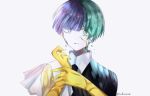  androgynous bangs blue_eyes blue_hair blunt_bangs colored_eyelashes crack cracked crying crying_with_eyes_open crystal_hair eyebrows_visible_through_hair eyes_visible_through_hair gem gem_uniform_(houseki_no_kuni) golden_arms green_eyes green_hair heterochromia highres houseki_no_kuni multicolored_hair necktie phosphophyllite phosphophyllite_(ll) see-through short_hair sodaru1912 solo split_theme spoilers tears transformation upper_body white_skin 