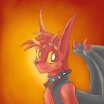  2016 a_story_with_a_known_end anthro bat_wings black_nose canine clothed clothing collar demon digital_media_(artwork) fur hair horn jonty male mammal membranous_wings oobaneko red_eyes red_fur red_hair simple_background smile spiked_collar spikes vest webcomic wings yellow_sclera 