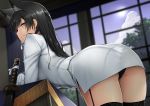  animal_ears ass atago_(azur_lane) azur_lane bangs black_hair black_legwear blush breasts brown_eyes cloud commentary_request extra_ears eyebrows_visible_through_hair gloves hair_ribbon indoors jacket kamata_yuuya katana large_breasts leaning_forward leaning_on_table long_hair looking_at_viewer miniskirt mole mole_under_eye moon night pencil_skirt ribbon sheath sheathed skirt smile solo swept_bangs sword thighhighs uniform very_long_hair weapon white_jacket white_ribbon white_skirt window 