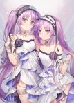  2girls arm_around_waist bare_shoulders black_flower black_hairband black_rose blush choker closed_mouth commentary dress euryale fate/hollow_ataraxia fate_(series) flower frilled_hairband frills hairband head_tilt highres lolita_hairband long_hair looking_at_viewer multiple_girls purple_eyes purple_hair ribbon-trimmed_hairband ribbon_trim rose short_dress siblings sisters smile stheno strapless strapless_dress striped striped_hairband thighlet twintails very_long_hair white_dress white_flower white_hairband white_rose 