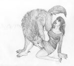  anthro arania canine claws clothing female human licking male mammal nipple_bulge open_mouth penis pointy_ears sketch skirt smile tongue tongue_out transformation were werewolf wolf 