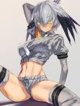  adapted_costume arm_behind_head arm_up ass_visible_through_thighs bangs black_hair blush bokki_oniisan breast_pocket breasts closed_mouth commentary_request crop_top cropped_shirt eyebrows_visible_through_hair green_eyes grey_background grey_hair grey_shirt grey_shorts hair_between_eyes highres kemono_friends long_hair long_sleeves looking_at_viewer low_ponytail micro_shorts midriff multicolored_hair navel necktie orange_hair pocket shirt shoebill_(kemono_friends) short_over_long_sleeves short_shorts short_sleeves shorts side_ponytail simple_background sitting slit_pupils solo spread_legs stomach thighhighs toned white_neckwear 