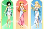  alternate_costume black_hair blonde_hair blossom_(ppg) bow bubbles_(ppg) buttercup_(ppg) cape closed_eyes dress flower greek_mythology green_eyes hair_bow harp heart instrument long_hair looking_at_viewer multiple_girls open_mouth orange_hair pink_eyes polearm powerpuff_girls sandals short_hair siblings smile spear toga weapon 