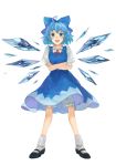  :d ahoge black_footwear bloomers blue_bow blue_dress blue_eyes blue_hair bobby_socks bow cirno collared_shirt commentary crossed_arms dress full_body hair_bow highres ice ice_wings legs_apart looking_at_viewer mary_janes neck_ribbon open_mouth puffy_short_sleeves puffy_sleeves red_ribbon ribbon shidaccc shirt shoes short_hair short_sleeves simple_background smile socks solo standing touhou underwear v-shaped_eyebrows white_background white_shirt wing_collar wings 