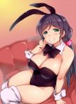  animal_ears black_leotard black_neckwear blush bow bowtie breasts bunny_ears bunnysuit cleavage couch detached_collar deyuuku eyebrows_visible_through_hair grin hair_ornament hair_scrunchie hairband hand_on_own_chest large_breasts leotard long_hair looking_at_viewer love_live! love_live!_school_idol_project over-kneehighs pink_scrunchie scrunchie sitting smile solo strapless strapless_leotard thighhighs toujou_nozomi twintails white_legwear wrist_cuffs 