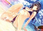  absurdres arm_support bangs bare_arms bare_shoulders barefoot bikini black_hair blue_sky breasts brown_eyes closed_mouth cloud cloudy_sky collarbone covered_nipples day feet head_tilt highres huge_filesize lips logo long_hair medium_breasts misaki_kurehito ocean outdoors shiny shiny_hair shiny_skin sidelocks sitting sky smile solo swimsuit toes underboob water water_drop wet 