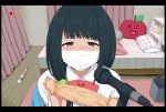  bedroom black_hair blue_eyes blush dildo go-m hassu highres hitachi_magic_wand livestream long_hair looking_at_viewer md5_mismatch microphone microphone_stand recording solo ssss.gridman surgical_mask 