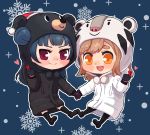  &gt;:) :d bandabi bangs bear_hood black_coat black_footwear black_gloves black_legwear blue_hair blush brown_hair chibi commentary dodapan eyebrows_visible_through_hair full_body gloves hat hood hood_up kunikida_hanamaru long_hair long_sleeves looking_at_viewer love_live! love_live!_sunshine!! olympics open_mouth outline pom_pom_(clothes) purple_eyes red_hat round_teeth santa_hat shoes side_bun smile snowflakes snowing socks soohorang sparkle teeth thick_eyebrows tiger_hood tsushima_yoshiko upper_teeth white_coat white_outline yellow_eyes 