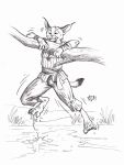  0laffson 2018 4_toes 5_fingers ambiguous_gender anthro barefoot caracal clothed clothing detailed_background feline mammal sketch solo toes traditional_media_(artwork) water 