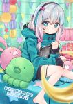  absurdres barefoot black_hairband blue_eyes blue_hair blue_sweater bow commentary_request copyright_name eromanga_sensei hair_bow hairband headphones heart heart-shaped_pupils highres holding holding_stylus indoors izumi_sagiri multicolored_hair pink_bow pink_hair rainys_bill sitting solo star sweater symbol-shaped_pupils two-tone_hair 