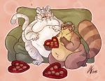  &lt;3 2018 ambiguous/ambiguous ambiguous_gender anthro belly big_belly big_tail blep blush brown_fur brown_hair candy canine chocolate chubby_cheeks claws cute_fangs digital_media_(artwork) double_chin duo feline food fur hair hand_on_stomach happy kneeling licking licking_lips mammal morbidly_obese navel obese overweight pink_background plein raccoonkind simple_background sitting smile sofa tanuki tiger toe_claws tongue tongue_out weight_gain whiskers white_fur white_tiger 
