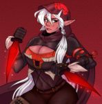  breasts cleavage covered_navel dark_skin dungeon_and_fighter hood huge_breasts knife machinegun202 midriff pointy_ears shadow_dancer_(dungeon_and_fighter) source_request white_hair 