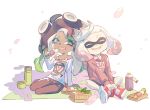  bad_tumblr_id bangs black_hair black_pants black_skin blanket blunt_bangs casual cephalopod_eyes closed_eyes commentary cross-laced_footwear crown dango domino_mask eating english_commentary facing_viewer food green_hair hanami hime_(splatoon) holding hood hoodie iida_(splatoon) indian_style inkling long_hair long_sleeves looking_at_viewer mask mixed-language_commentary multicolored_hair obentou octarian off-shoulder_shirt open_mouth pants petals picnic pink_hair pink_pupils pink_shirt print_legwear red_footwear sharp_teeth shirt shoes short_hair side-by-side sitting skewer smile sneakers splatoon_(series) splatoon_2 suction_cups taroji teeth tentacle_hair thermometer thermos two-tone_hair wagashi white_hair white_shirt yokozuwari 