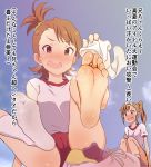  2girls barefoot blush feet futami_ami futami_mami idolmaster multiple_girls one_sock pov_feet siblings soles sweat toes translation_request twins 