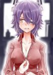  alternate_costume blush breasts cleavage eyepatch hair_between_eyes headgear highres jacket kantai_collection large_breasts open_mouth purple_hair red_jacket short_hair solo sportswear sweat sweatdrop tadd_(tatd) tenryuu_(kantai_collection) unzipping yellow_eyes zipper 