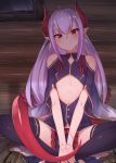  bare_shoulders black_legwear breasts butterfly_sitting commentary_request eyebrows_visible_through_hair eyes_visible_through_hair facial_mark hair_between_eyes head_tilt highres horns ibuki_notsu long_hair looking_at_viewer melusine_(ibuki_notsu) original pelvic_curtain pointy_ears purple_hair red_eyes sitting small_breasts smile solo thighhighs v_arms wide_sleeves wooden_floor wooden_wall 