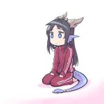  animal_ears black_hair blue_eyes dragon_ears dragon_girl dragon_horns dragon_tail full_body highres horns ishiyumi karin_(p&amp;d) long_hair looking_away puzzle_&amp;_dragons seiza simple_background sitting solo tail track_suit white_background 