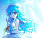  blue_eyes blue_hair bracelet breasts bubble closed_mouth dress expressionless flower ha_youn hat heart heart-shaped_pupils highres ikamusume jewelry looking_at_viewer shinryaku!_ikamusume sleeveless sleeveless_dress small_breasts solo squid squid_hat symbol-shaped_pupils tentacle_hair white_dress white_hat 