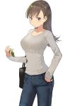  breasts brown_eyes brown_hair casual cellphone commentary_request cowboy_shot denim highres jeans jewelry kantai_collection long_hair long_sleeves looking_at_viewer masukuza_j necklace ooi_(kantai_collection) pants phone ribbed_sweater simple_background solo sweater white_background 