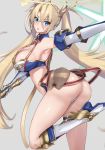  akatuki_ikki armpits ass blonde_hair blue_eyes blush boots bradamante_(fate/grand_order) braid breasts cleavage elbow_gloves fate/grand_order fate_(series) french_braid gloves hair_between_eyes hair_ribbon highres knee_boots large_breasts legs_folded long_hair looking_at_viewer open_mouth outstretched_arm ribbon simple_background solo twintails 