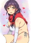  :d blush bow bra braid breasts detached_sleeves deyuuku eyebrows_visible_through_hair green_eyes hair_bow hair_over_shoulder heart large_breasts long_hair love_live! love_live!_school_idol_project open_mouth panties purple_hair red_bow red_scarf scarf side-tie_panties single_braid sitting smile solo thighhighs toujou_nozomi underwear underwear_only white_bra white_legwear white_panties white_sleeves 