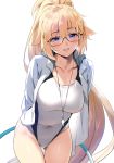  absurdres arms_behind_back ass_visible_through_thighs bangs bespectacled blonde_hair blue_eyes blue_jacket breasts collarbone competition_swimsuit cowboy_shot eyebrows_visible_through_hair fate/grand_order fate_(series) glasses hair_between_eyes high_ponytail highres hoop hula_hoop jacket jeanne_d'arc_(fate) jeanne_d'arc_(fate)_(all) jeanne_d'arc_(swimsuit_archer) large_breasts leaning_forward long_hair long_sleeves looking_at_viewer one-piece_swimsuit open_clothes open_jacket parted_lips ponytail rimless_eyewear scan simple_background smile solo swimsuit thigh_gap track_jacket very_long_hair whistle whistle_around_neck white_background white_swimsuit yang-do 