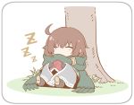  ^_^ ahoge book boots brown_hair cape chibi closed_eyes commentary_request covered_mouth fire_emblem fire_emblem:_rekka_no_ken full_body gloves holding holding_book nakabayashi_zun resting scarf short_hair simple_background sitting sleeping solo tactician_(fire_emblem) tree zzz 