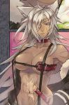  ahoge animal_ears belt breasts buckle censored closed_mouth collar commentary eyepatch fujikawa_yuka fur_trim ghyslaine_dedorudia katana large_breasts long_hair long_sleeves looking_at_viewer mushoku_tensei official_art open_clothes red_eyes sheath sheathed silver_hair solo standing sword tsurime water weapon 