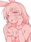 animal_ears bare_shoulders blush breasts bunny_ears cleavage cum deyuuku eyebrows_visible_through_hair facial frilled_gloves frills gloves hands_on_own_face looking_at_viewer love_live! love_live!_school_idol_project medium_breasts monochrome pink scrunchie solo tongue tongue_out toujou_nozomi twintails upper_body 