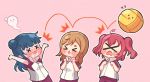  &gt;_&lt; 3girls \o/ ahoge arms_up bangs blue_hair bouncing brown_hair clenched_hands commentary_request d: dodapan dx eyebrows_visible_through_hair giving_up_the_ghost hands_up highres hitting korean korean_commentary kunikida_hanamaru kurosawa_ruby long_hair love_live! love_live!_sunshine!! multiple_girls open_mouth outline outstretched_arms pants pink_background raglan_sleeves red_hair red_pants side_bun simple_background sportswear teardrop translation_request triangle_mouth tsushima_yoshiko two_side_up volleyball volleyball_uniform white_outline 