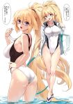  absurdres ass bag bespectacled blonde_hair blue_eyes breasts collarbone competition_swimsuit eyebrows_visible_through_hair fate/grand_order fate_(series) fingernails full_body glasses hair_between_eyes hand_on_hip high_ponytail highres holding hoop hula_hoop jacket jeanne_d'arc_(fate)_(all) jeanne_d'arc_(swimsuit_archer) large_breasts long_hair long_sleeves looking_at_viewer multiple_views one-piece_swimsuit open_clothes open_jacket open_mouth ponytail sandals scan simple_background smile swimsuit translation_request very_long_hair water whistle whistle_around_neck white_background yang-do 