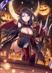  akkijin ass_visible_through_thighs balloon bare_shoulders bat_wings black_cape black_feathers black_hair boots breasts candle candle_wax candlelight cape card_(medium) crescent_moon demon_girl demon_wings feathers gloves hair_ornament halloween halloween_costume holding holding_weapon large_breasts long_hair looking_at_viewer looking_down moon night night_sky official_art polearm pumpkin red_eyes red_footwear red_gloves red_ribbon ribbon rooftop shinkai_no_valkyrie sky thighhighs trident underwear weapon wings 