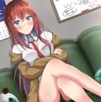  bangs bare_legs blue_eyes blush board breasts calendar_(object) closed_mouth collared_shirt couch crossed_arms crossed_legs dutch_angle eyebrows_visible_through_hair jacket long_hair long_sleeves makise_kurisu medium_breasts metal_upa necktie no_legwear off_shoulder red_hair red_neckwear shiny shiny_skin shirt shorts sitting solo steins;gate straight_hair sunsun2812 sweatdrop translation_request 