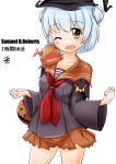  adapted_costume character_name collarbone commentary_request halloween hat kantai_collection looking_at_viewer one_eye_closed open_mouth pumpkin samuel_b._roberts_(kantai_collection) short_hair simple_background solo thighs tsukino_murakumo white_background witch_hat yellow_eyes 