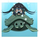  air_bubble artist_request black_hair blush brown_eyes bubble chibi diving_mask diving_mask_on_eyes k-on! nakano_azusa photoshop school_uniform shell source_request swimming ton-chan turtle twintails underwater 