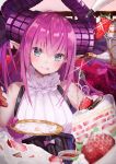  :p bangs blue_eyes blurry blush cake copyright_name cream cream_on_face cup curled_horns depth_of_field dragon_horns elizabeth_bathory_(fate) elizabeth_bathory_(fate)_(all) eyebrows_visible_through_hair fate/extra fate/extra_ccc fate/grand_order fate_(series) food food_on_face fork fruit gloves head_tilt heart highres holding holding_fork holding_plate horns long_hair looking_at_viewer pink_hair plate pointy_ears pot-palm pouring sleeveless slice_of_cake smile solo strawberry strawberry_shortcake tea teacup teapot tongue tongue_out upper_body 