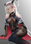  1girl absurdly_long_hair absurdres aegir_(azur_lane) armored_boots azur_lane bare_shoulders black_cape black_footwear black_legwear bodystocking boots breast_curtains breasts brown_gloves cape cross cross-laced_clothes cross_earrings demon_horns earrings eroge-_(artist) gloves gradient gradient_background grey_background hair_between_eyes hair_on_horn highres horns impossible_clothes iron_cross jewelry knee_boots large_breasts long_hair looking_at_viewer multicolored_hair red_hair simple_background single_knee_boot solo streaked_hair underbust very_long_hair white_hair yellow_eyes 