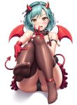  ankle_belt aqua_hair ass bang_dream! bare_shoulders black_panties blush brown_eyes brown_legwear cameltoe commentary demon_tail eyebrows_visible_through_hair fake_horns feet full_body fur_collar gloves hairband hand_on_own_knee heart hikawa_hina horns lambda_(kusowarota) looking_at_viewer panties red_gloves red_skirt short_hair simple_background sitting skirt soles solo tail thighhighs toes underwear v white_background wings 