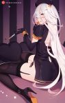  1girl android black_gloves black_heels blue_eyes candy food glasses gloves hat high_heels long_hair mole nanoless nier_(series) nier_automata nurse nurse_cap nurse_uniform thighhighs white_hair yorha_type_a_no._2 