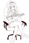  absurdres ahoge aimpoint ar-15 bangs blush chair commentary_request crossed_legs eyebrows_visible_through_hair full_body greyscale gun hair_between_eyes hair_intakes hairband head_tilt highres holding holding_gun holding_weapon jacket loafers long_hair long_sleeves magpul monochrome office_chair on_chair open_clothes open_jacket original parted_lips pleated_skirt rifle sailor_collar shoes simple_background sitting sketch skirt solo tandohark thighhighs weapon white_background 