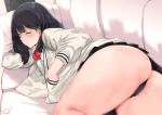  ass bangs black_hair black_skirt blue_eyes blush breasts cardigan commentary couch dress_shirt hand_in_pocket hews_hack legs long_hair lying neck_ribbon on_side one_eye_closed open_cardigan open_clothes red_neckwear ribbon school_uniform scrunchie shirt skirt solo ssss.gridman sweater takarada_rikka thick_thighs thighs white_background white_sweater 